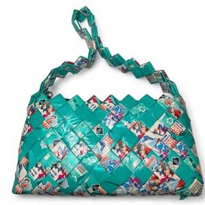 Handmade upcycled woven shoulder bag made w/ vintage Marvel Bimbo candy wrappers